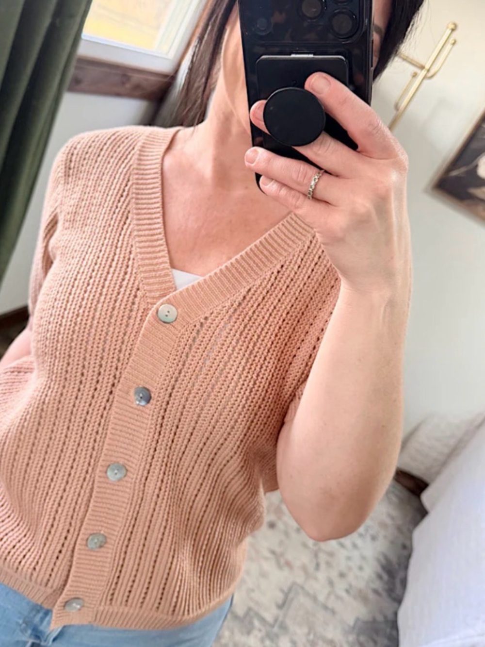 DKNY beige Knit Button Front Cardigan